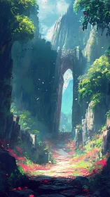 Ancient stone archway rises above luminous forest path