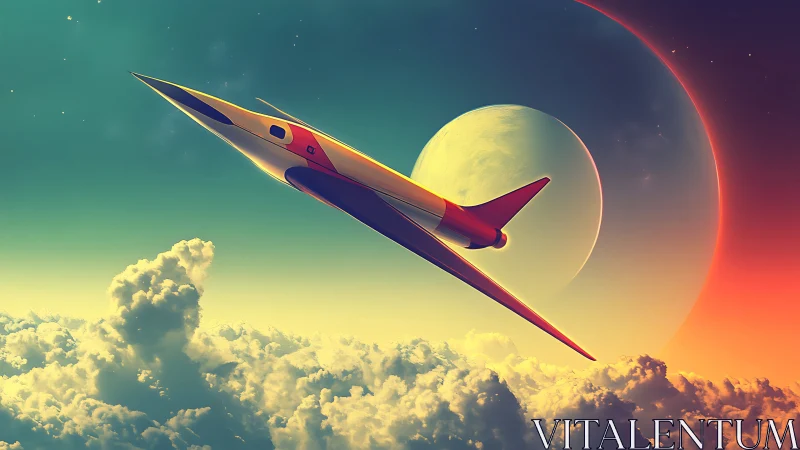 Retro-futuristic supersonic rocketplane over cloud horizon