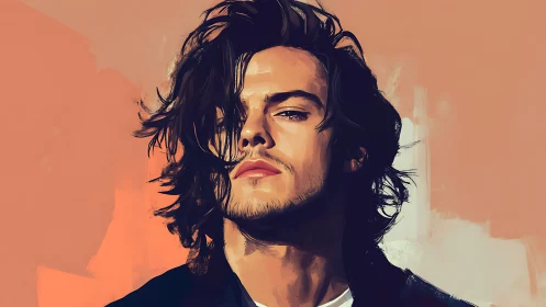 Digital portrait of long-haired man with warm minimal backdrop.