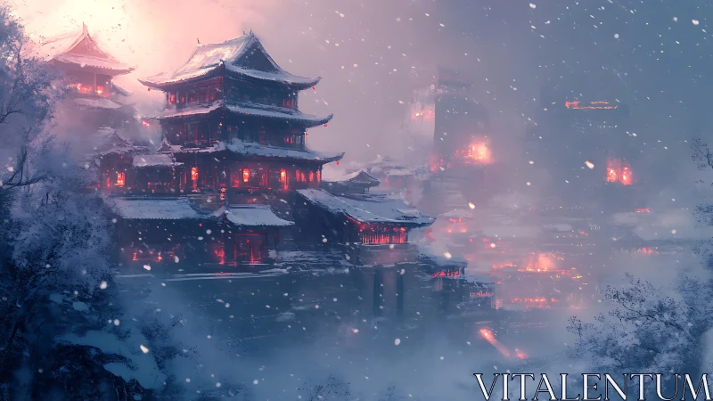 Snowbound multi-tier pagoda fortress under embered winter sky