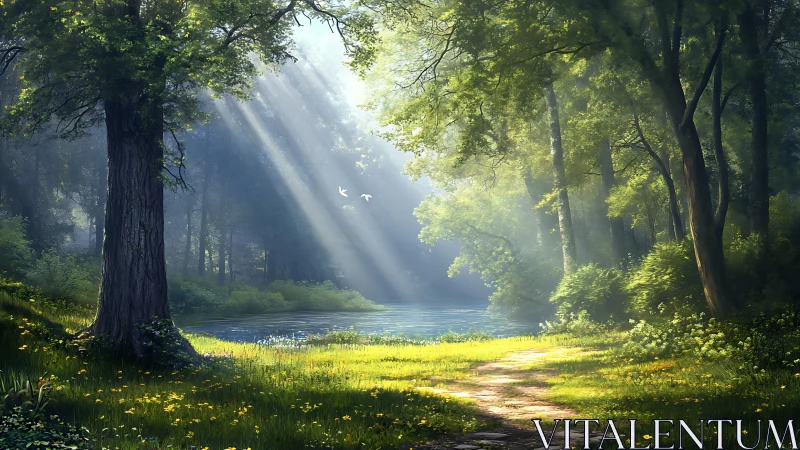 Sunlit Forest Path by Tranquil Lake in Lush Green Landscape.