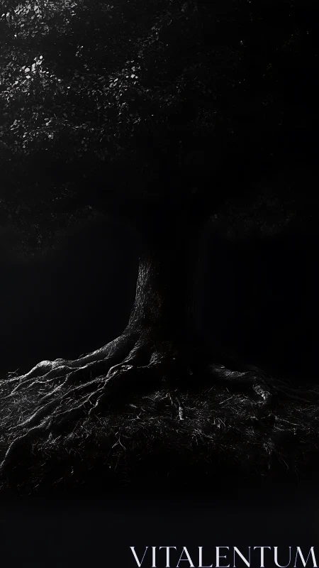 Dark rooted tree in dramatic chiaroscuro lighting study.