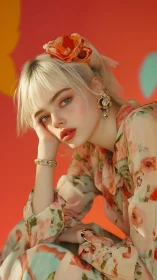 Floral portrait set against bold warm abstract backdrop.