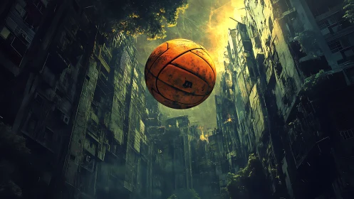 Large basketball floats between dense, decayed urban towers