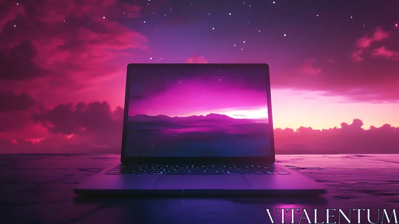 Laptop on reflective surface before magenta twilight sky.