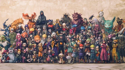 Ensemble cast of stylized ninjas and beasts in dynamic lineup.