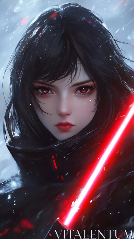Dark-haired warrior with red energy blade in snowstorm.