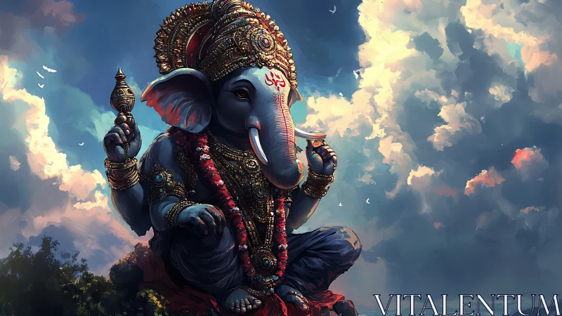Divine elephant deity in luminous sky digital painting.