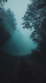 Moody forest path in cinematic low-key photorealism.