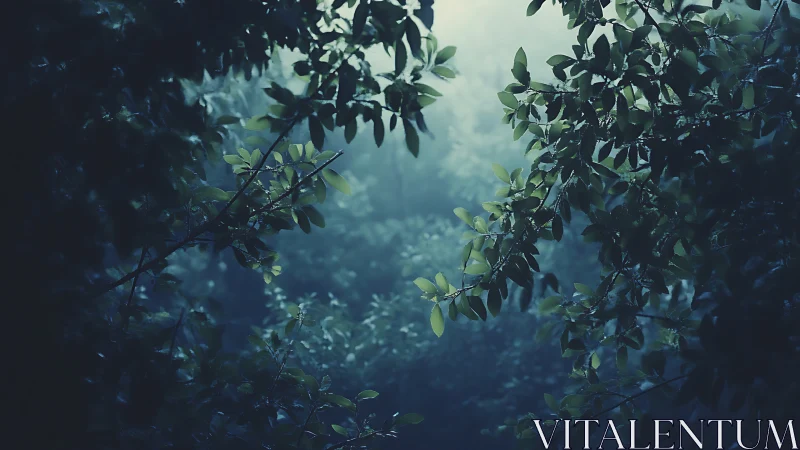 Forest canopy framed by leafy branches in muted light.