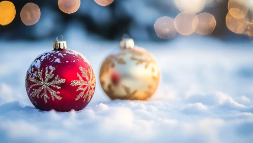 Snowlit Christmas baubles glow in a frosty winter dreamscape.