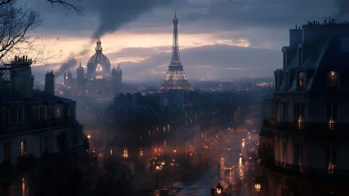 Nocturnal Parisian boulevard under atmospheric volumetric haze.