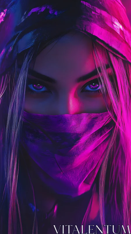 Masked neon-eyed woman stares through vivid magenta light