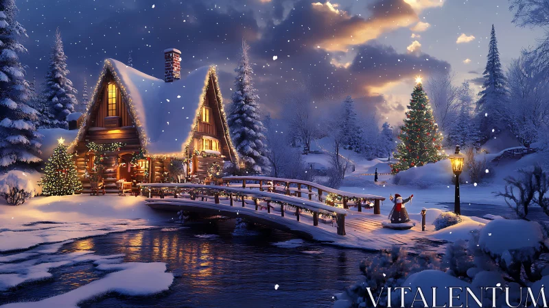 Digital painting of illuminated winter cabin and festive bridge.