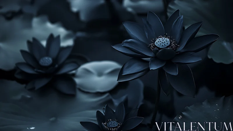 Dark lotus flowers with pale centers floating in moody blue water.