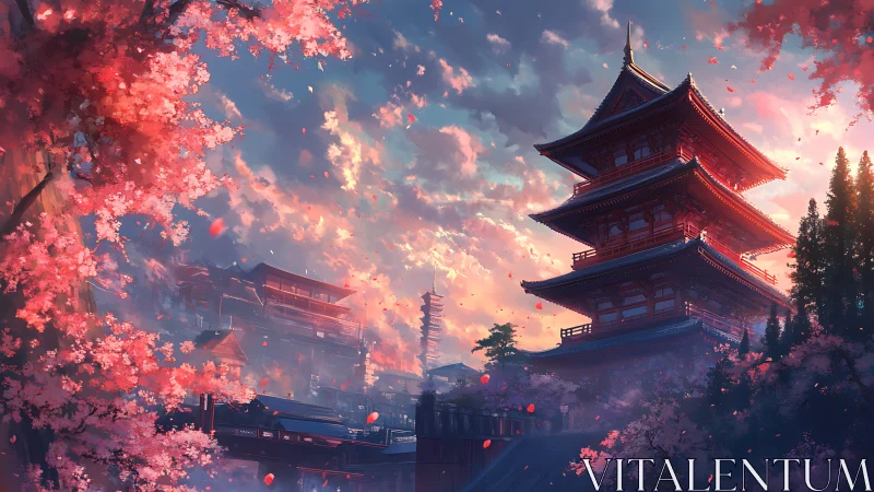 Sunlit pagoda stands amid dense cherry blossom foreground