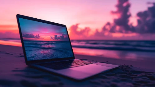 Photoreal laptop at dusk beach with mirrored horizon display.