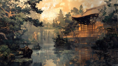 Sunlit pagoda listens to a misty forest waterfall’s hush.