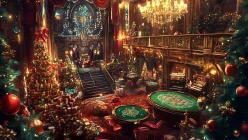 Opulent casino interior with extensive Christmas decor detail.