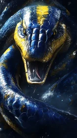 Coiled thunder serpent in electric blue and gold fury.