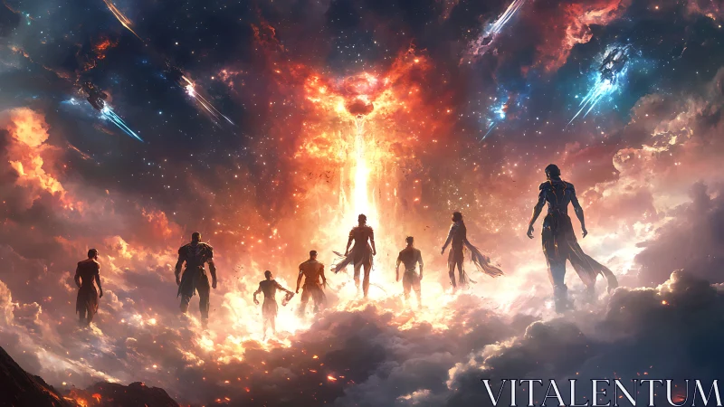 Cosmic warriors stand over glowing clouds in fiery sky.