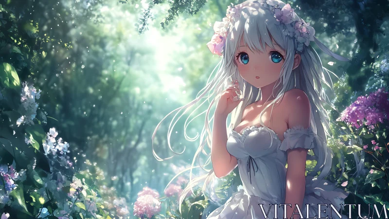 White-haired anime girl in luminous flowered forest glade.