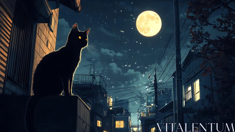 Black cat observing full moon above quiet city street.