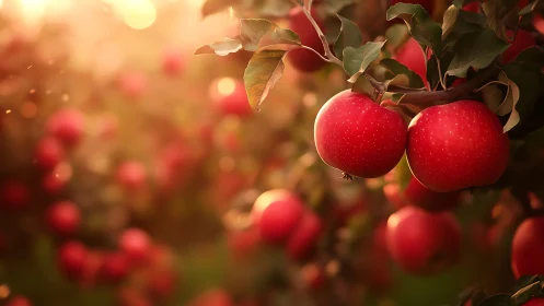Ripe red apples on tree branches in soft sunset light.