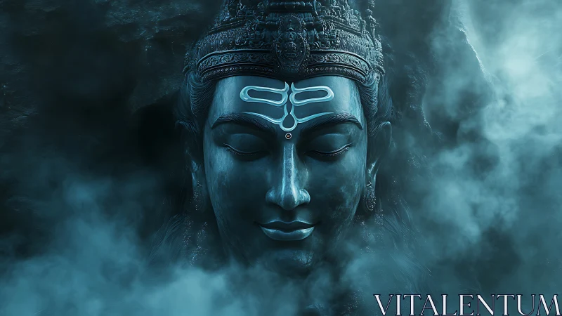 Digital blue-toned deity face emerges from surrounding mist
