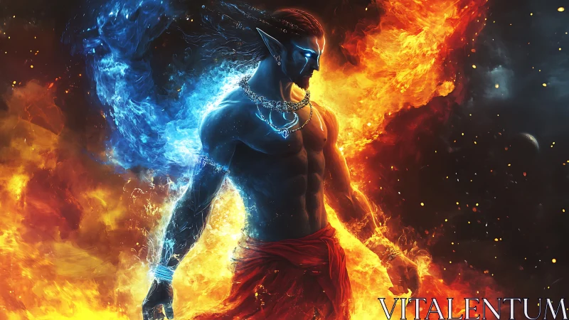 Elemental warrior commands blue flame and raging fire.