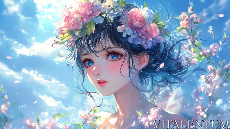 Blue eyed anime girl with floral crown in spring sky.