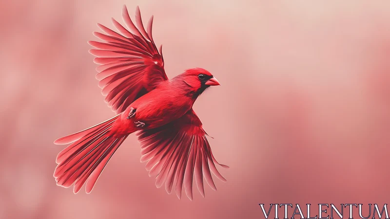 Vibrant red cardinal in flight with soft pastel background.
