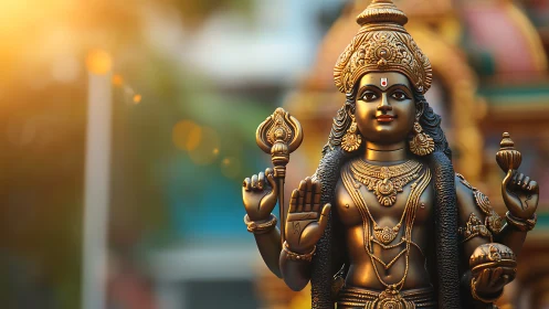 Hindu deity statue outdoors in warm directional sunlight.