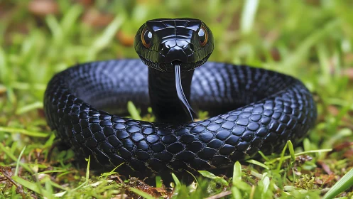 Coiled black snake holds defensive posture on wet grass