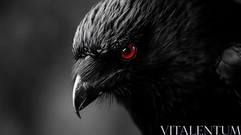 Dramatic close-up of black raven with striking red eye, dark style.