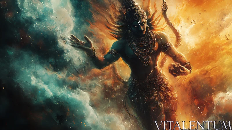 Radiant cosmic deity strides through swirling fire and mist.