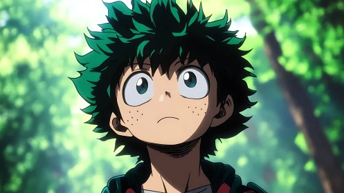 Anime boy with green hair stares upward in forest light
