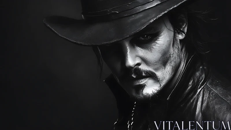 Brooding cowboy portrait in stark monochrome lighting.