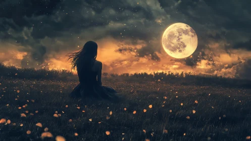 Solitary girl watching glowing full moon over meadow.