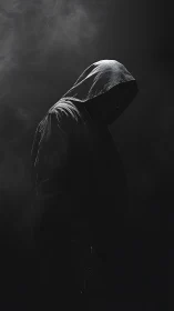 Silent hooded figure wrapped in shadowy cinematic mystery.
