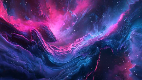 Cosmic neon nebula waves swirl through deep space void.