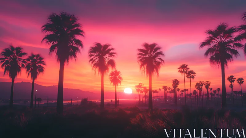 Neon gradient sunset behind coastal palm tree silhouettes