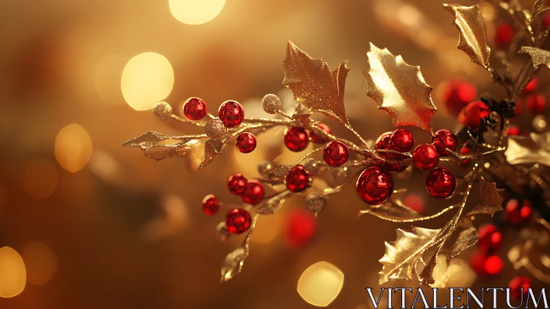 Golden holly branch with red berries against warm bokeh.