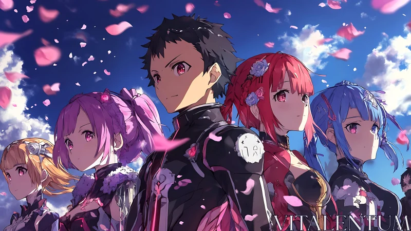Aerodynamic anime squad under petal-saturated cerulean sky.