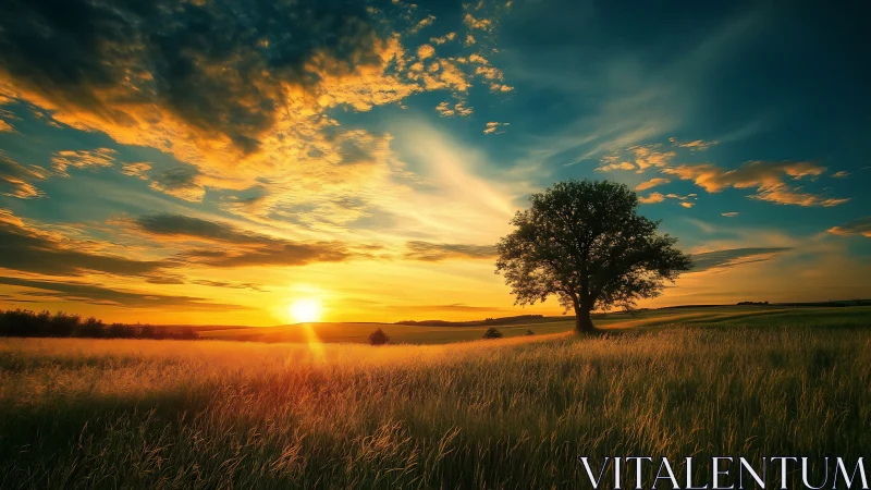 Lone tree under blazing sunset over golden grassland.