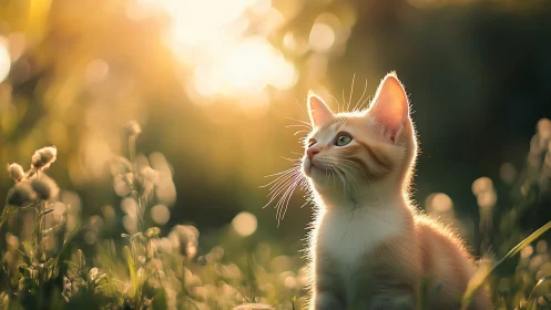 Ginger Kitten Among Wildflowers in Golden Sunlight.
