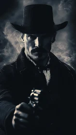 Cowboy holds revolver forward in dramatic low key light