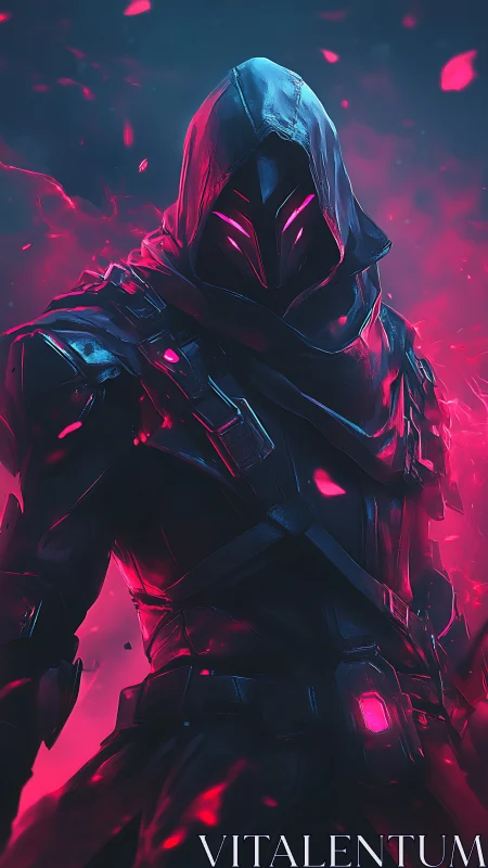 Hooded cyber assassin rises within neon magenta embers