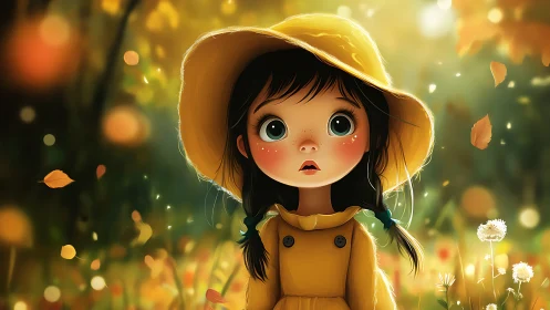 Wide eyed girl in yellow raincoat amid soft focus autumn bokeh