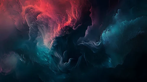 Nebulous crimson and teal waves drift through a cosmic void